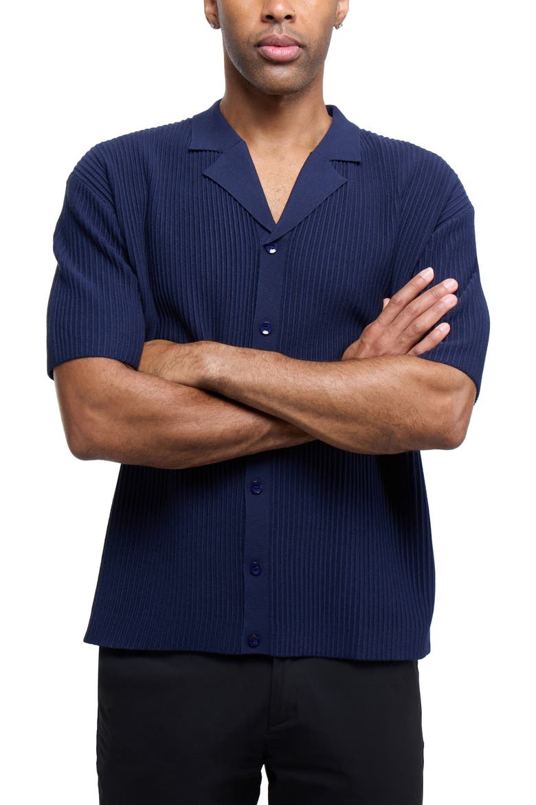 Ribbed Knit Camp Shirt, Alternate, color, NAVY
