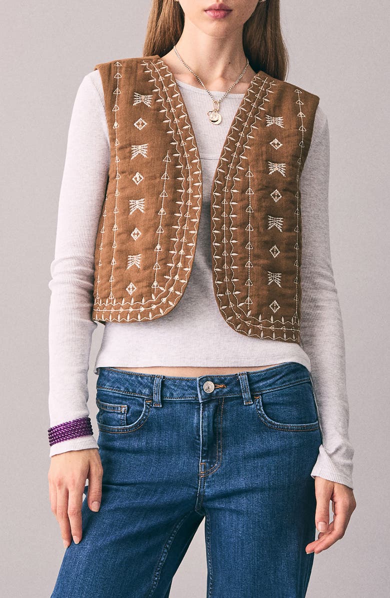 MANGO TEEN Embroidered Quilted Cotton Vest, Main, color, Medium Brown