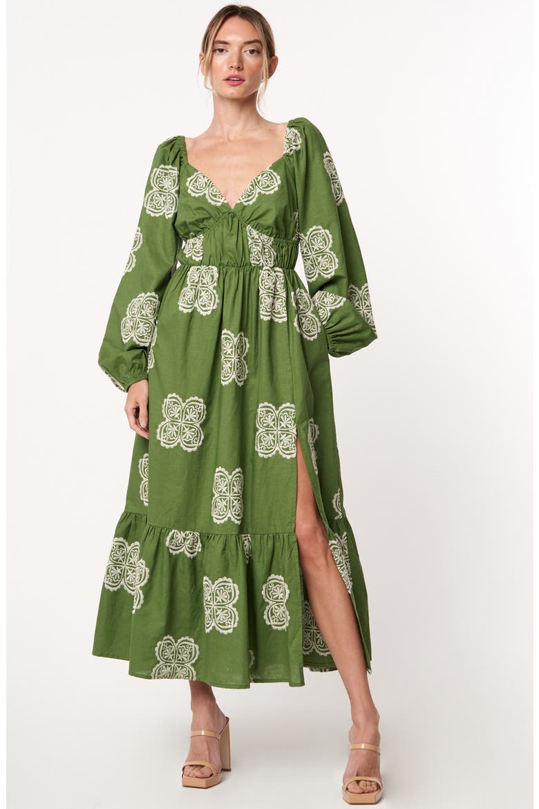 Serbita Medallion Embroidery Long Sleeve Cotton & Linen Midi Dress, Alternate, color, GREEN