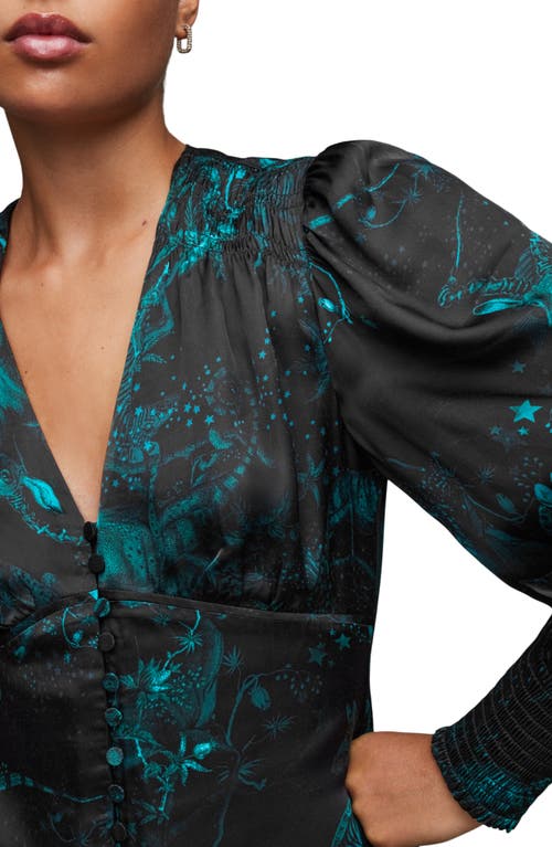 Allsaints Auden Cosmic Print Long Sleeve Minidress In Emerald Green
