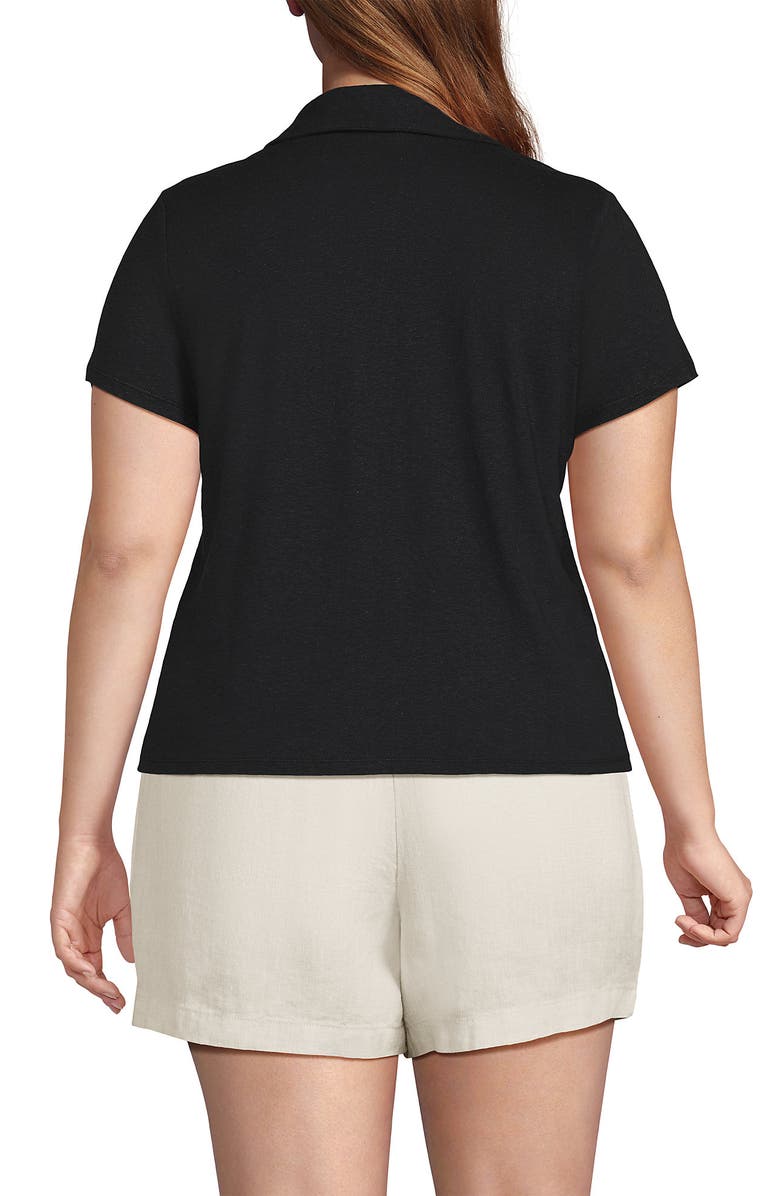 Lands' End Linen Blend Short Sleeve Button Front Polo Top, Alternate, color, Black