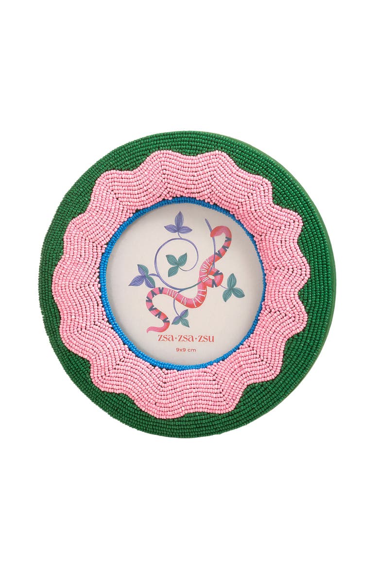 Dadri Round Decorative  Beaded Wood Frame 7 In, Main, color, Pink-Green