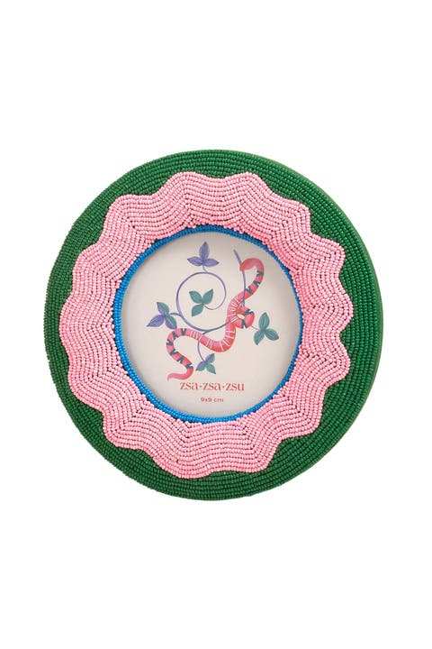Dadri Round Decorative  Beaded Wood Frame 7 In