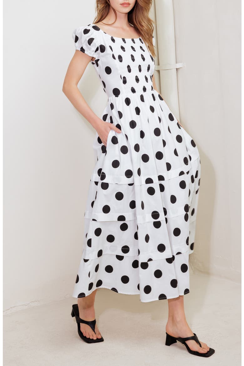 Tiered Polka Dot Stretch Cotton Midi Dress, Alternate, color, WHITE
