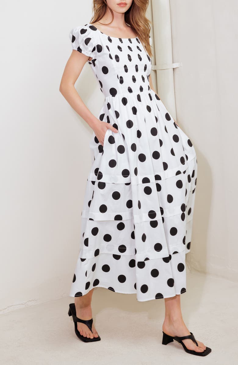 FREEMARKET Tiered Polka Dot Stretch Cotton Midi Dress, Alternate, color, White