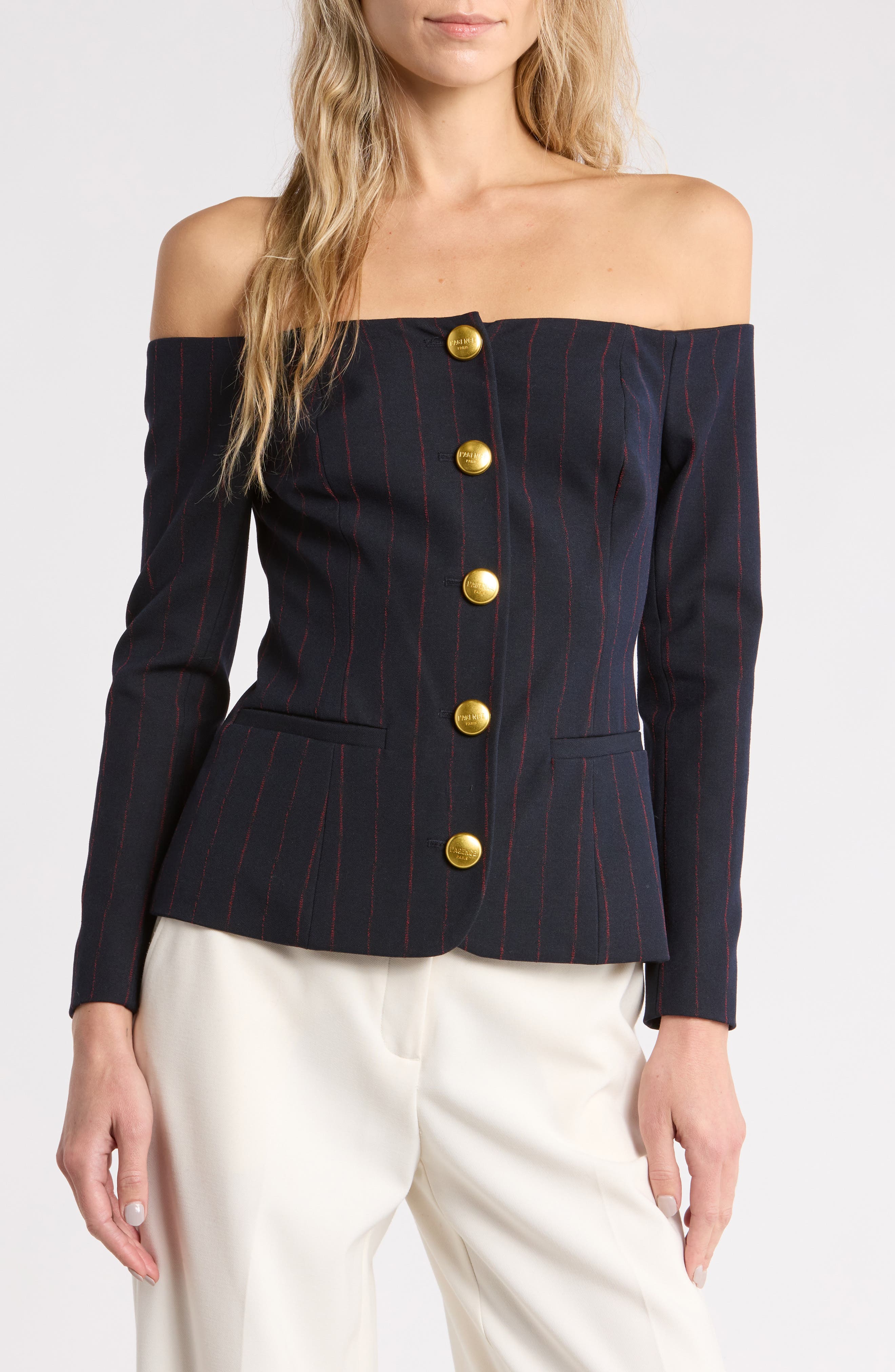 Alice Off the Shoulder Pinstriped Blazer