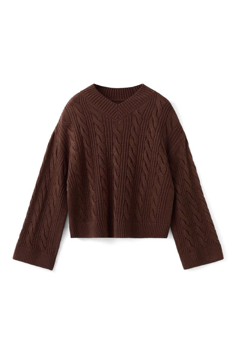 Cable V-Neck Sweater, Alternate, color, BROWN