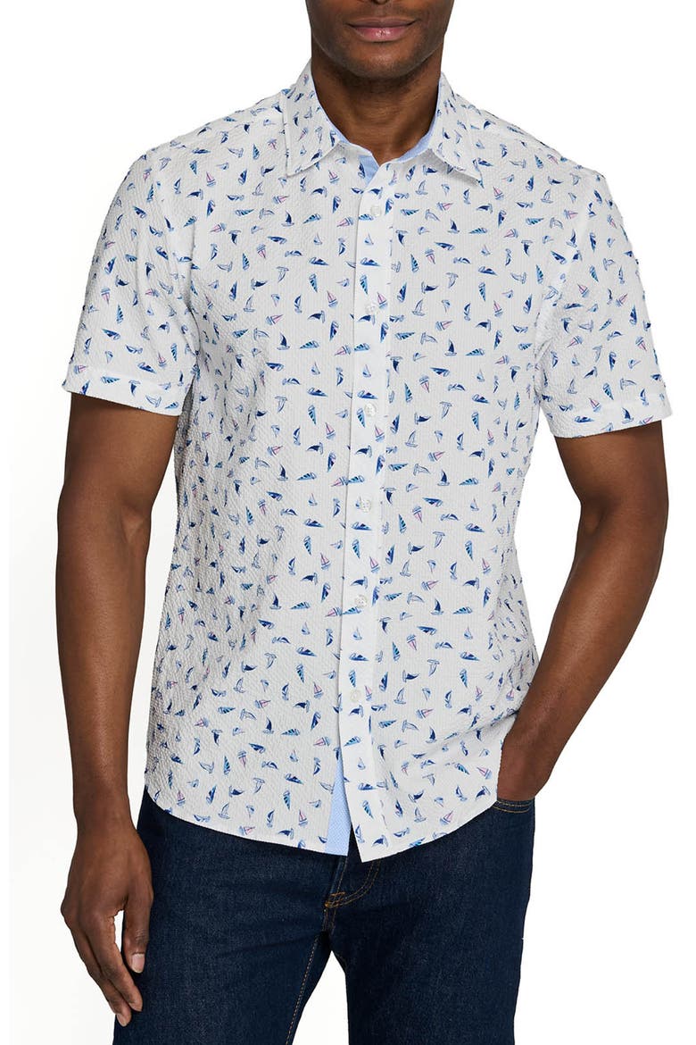Slim Fit Set Sail Woven Short Sleeve Seersucker, Main, color, WHITE/PINK