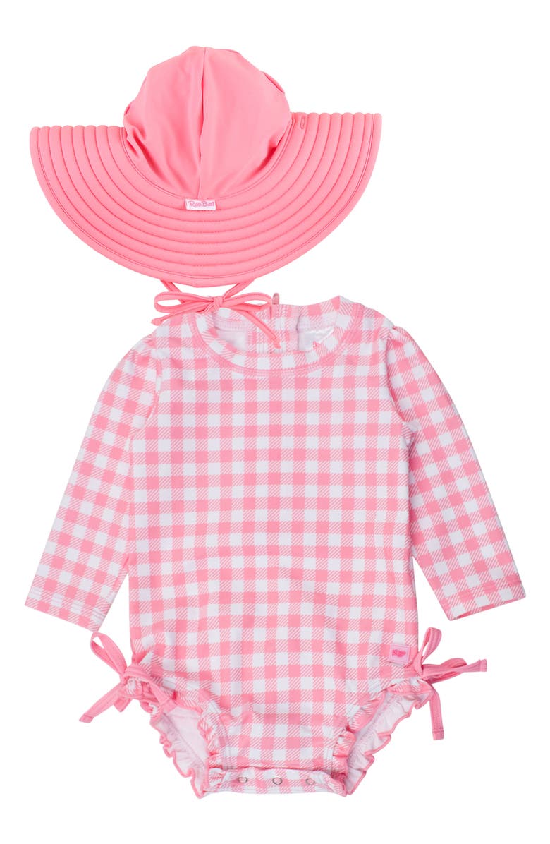 RuffleButts Bubblegum Gingham Long Sleeve One-Piece Rashguard Swimsuit & Hat Set, Main, color, 
