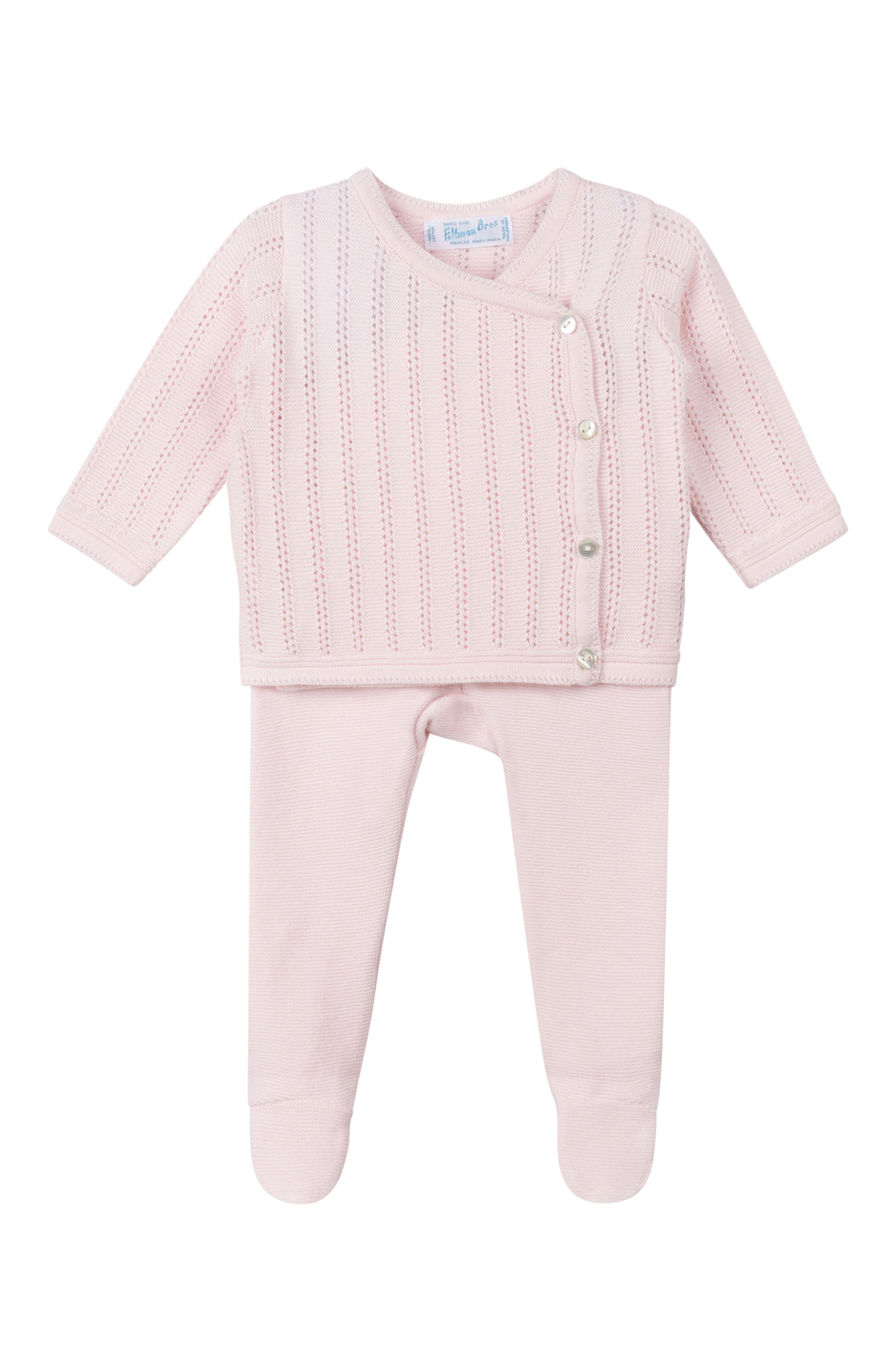 Feltman Brothers Pointelle Knit Sweater, Footed Pants & Bonnet Set in Pink 