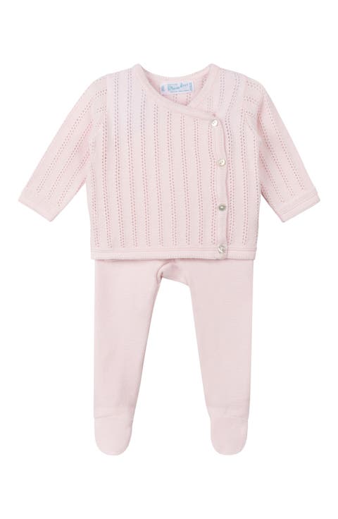 Pointelle Knit Sweater, Footed Pants & Bonnet Set (Baby)