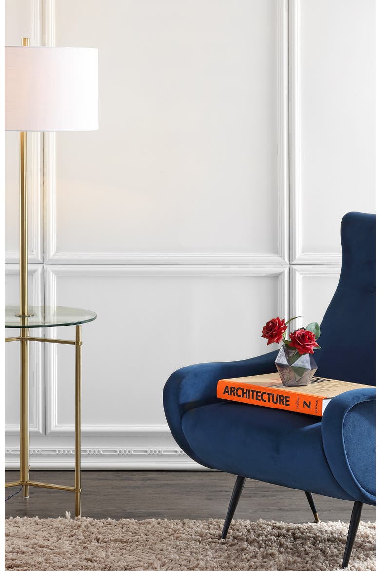 Chuck Modern Minimalist Metal and Tempered Glass LED 2-in-1 Space-Saving Tray Table and Floor Lamp, Alternate, color, Brass Gold
