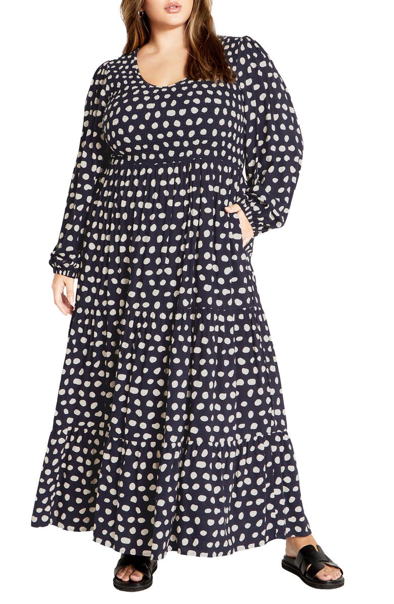 City Chic Jayden Smocked Bodice Long Sleeve Maxi Dress, Main, color, Abstract Spot