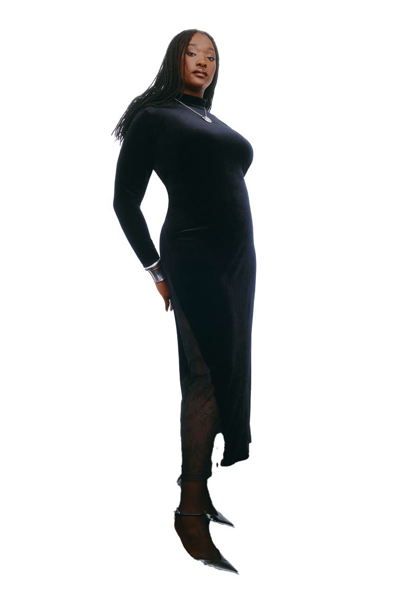 ELOQUII Velvet And Lace Maxi Dress, Main, color, Black Onyx