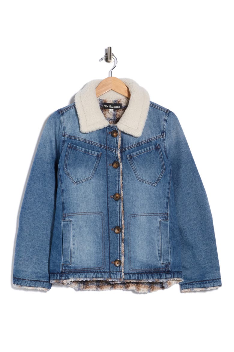 Reversible Faux Shearling Collar Denim Jacket, Alternate, color, MEDIUM INDIGO