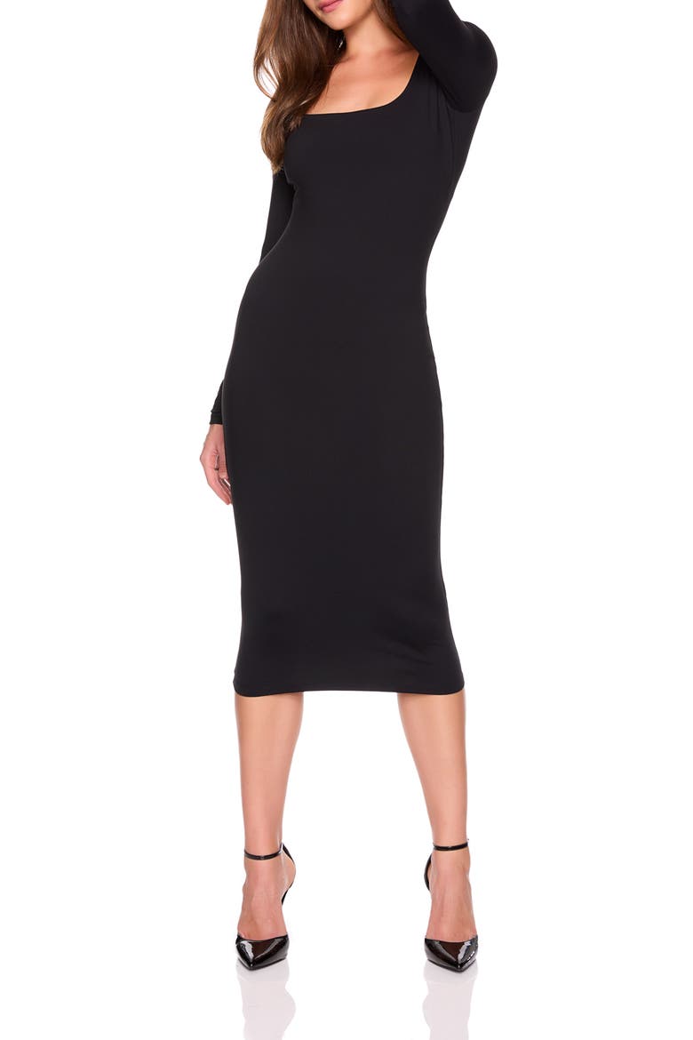 Scoop Long Sleeve Midi Dress, Main, color, BLACK