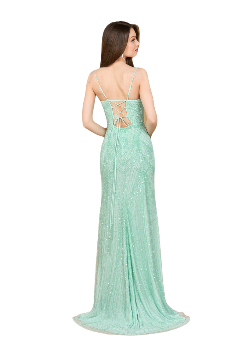 Beaded Lace-up Dress with Slit, Alternate, color, Tiffany