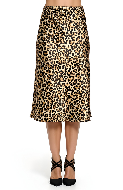 Leopard Print Bias Cut Satin Midi Skirt