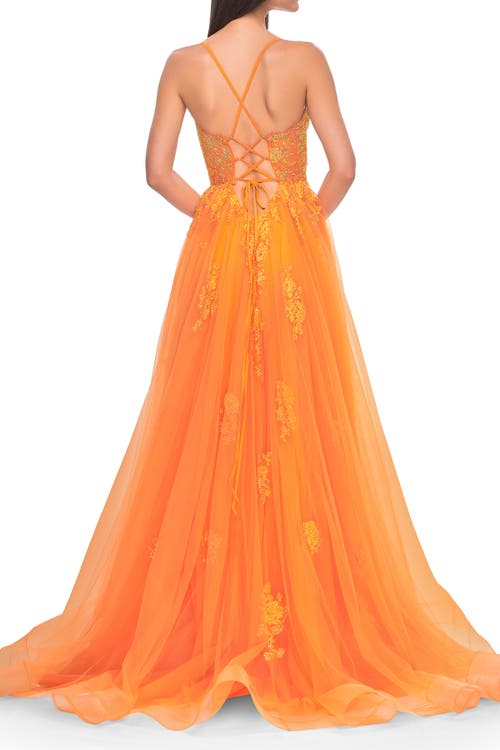 La Femme A-line Tulle Gown With Scallop Detail Bodice And Lace Applique