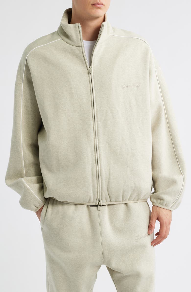 Fear of God Essentials Modern Fit Fleece Track Jacket, Alternate, color, Heather Stone/ Cloud White