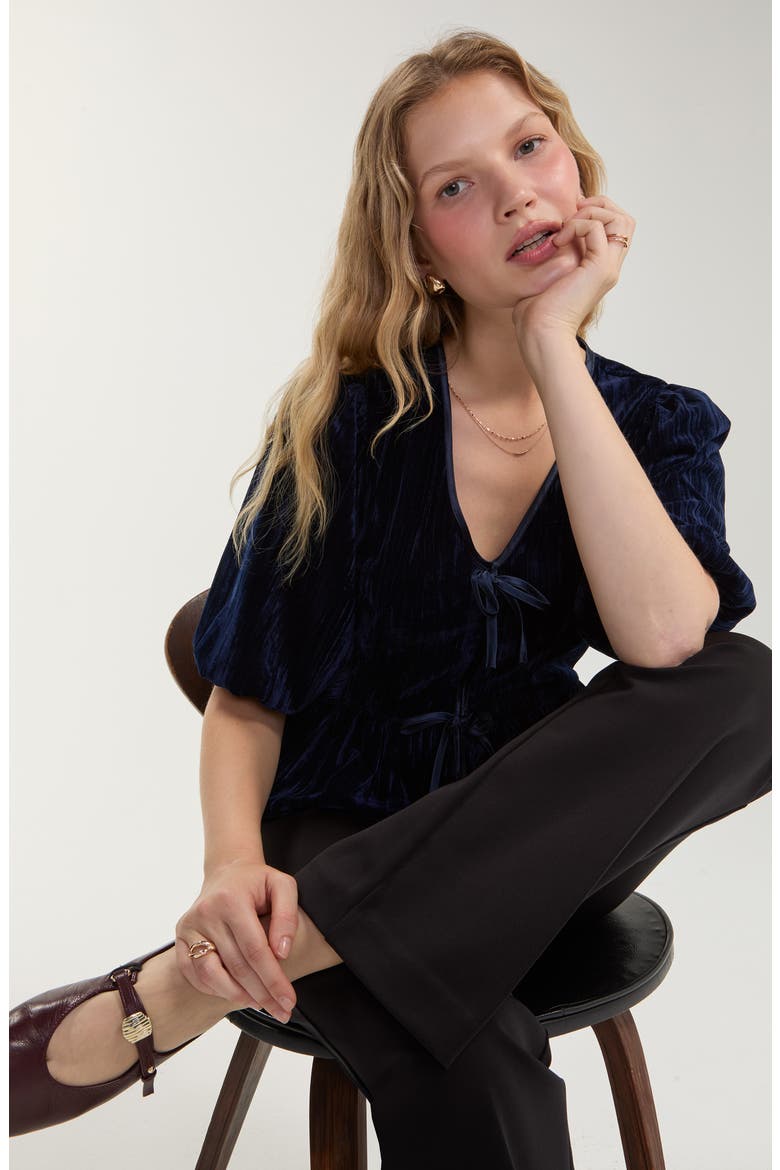 Tie Front Crinkle Velvet Peplum Top, Alternate, color, DARK BLUE
