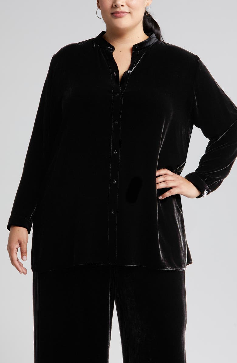 Eileen Fisher Band Collar Velvet Longline Button-Up Shirt, Alternate, color, 