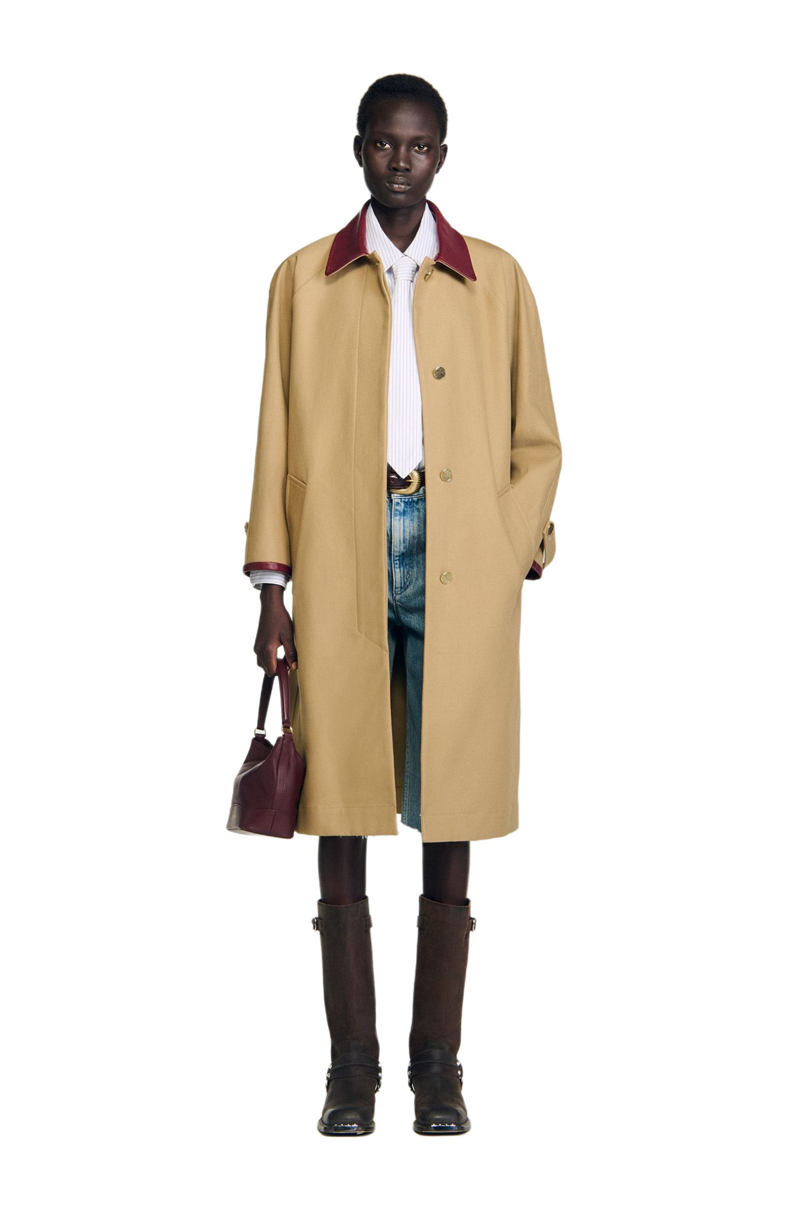 SANDRO Trench coat with leather collar (Women) | Nordstrom