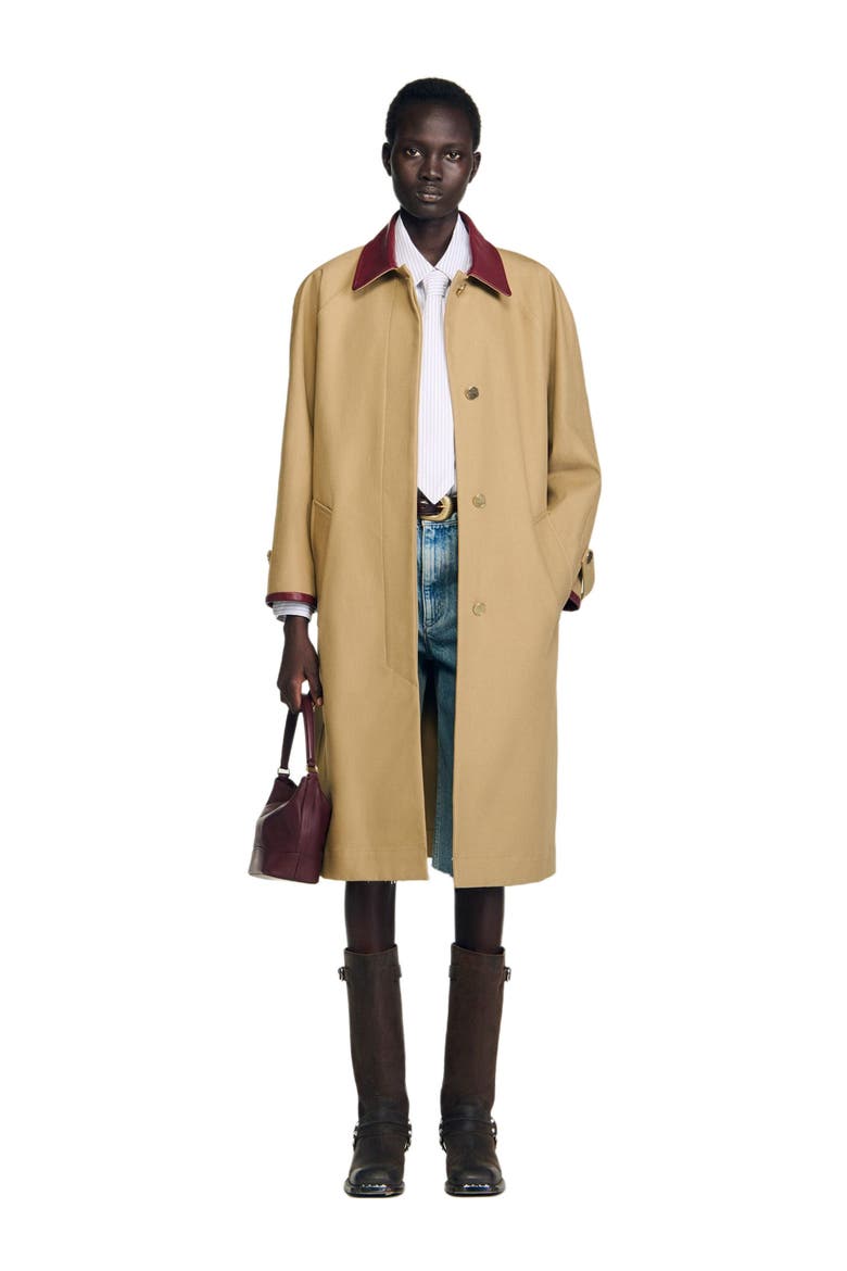 Trench coat with leather collar, Alternate, color, Beige