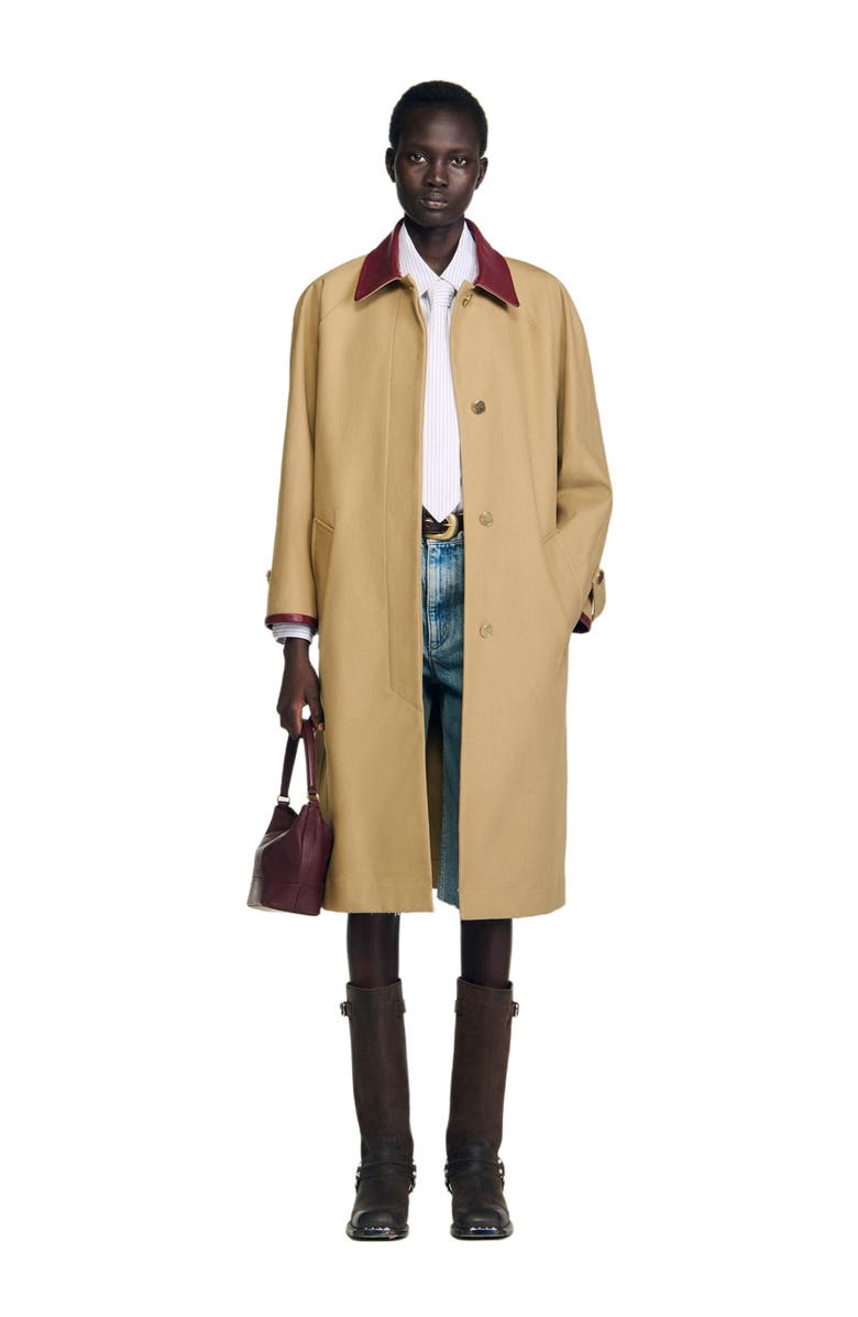 SANDRO Trench coat with leather collar, Alternate, color, Beige