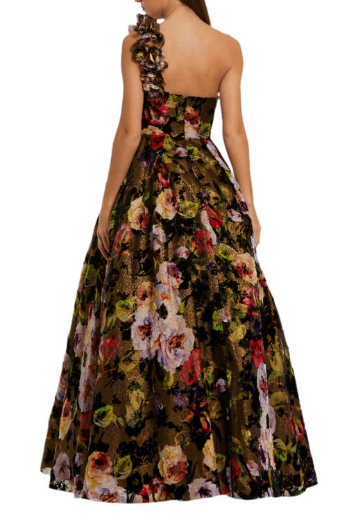 Mac Duggal Multicolor One Shoulder Embossed Organza 3d Flower Gown In Burgundy