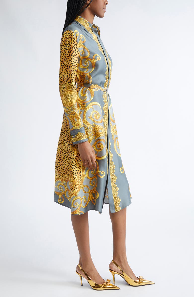 Versace Cheetah Barocco Print Long Sleeve Silk Belted Shirtdress, Alternate, color, Light Grey Elephant Grey