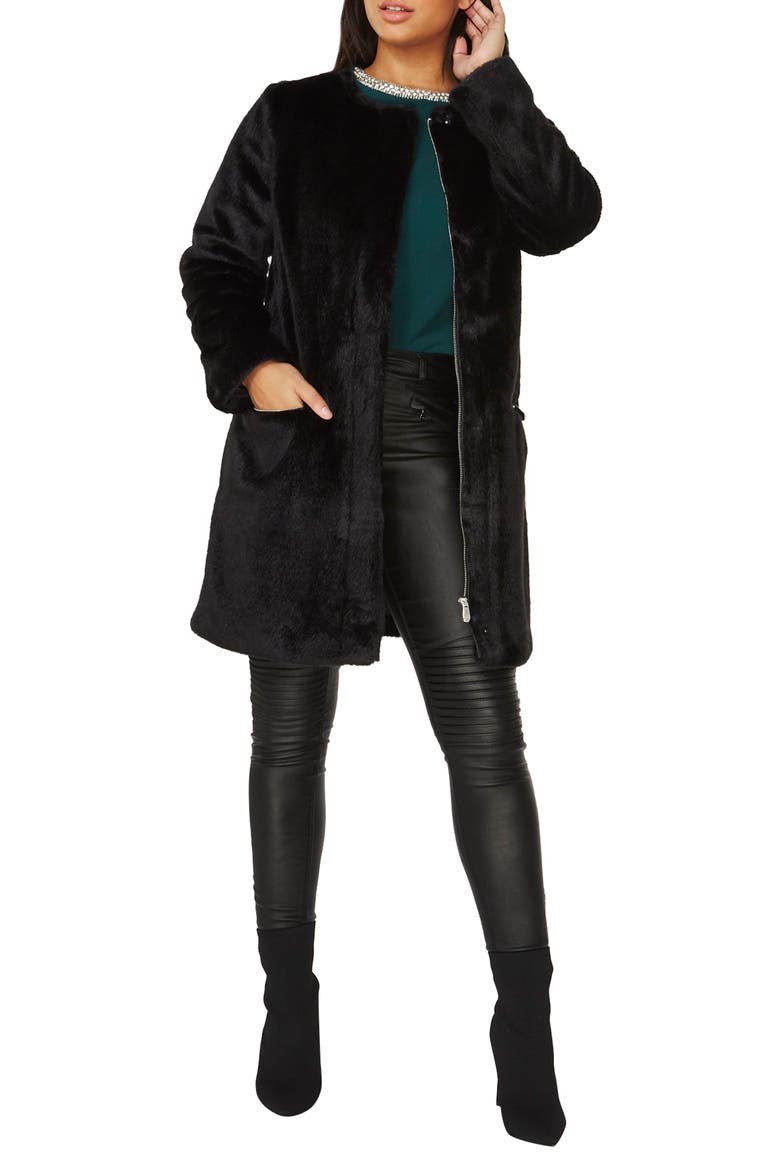 Faux Fur Coat, Alternate, color, BLACK