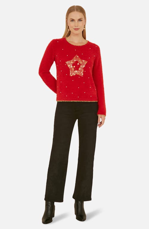 Yumi Fluffy Star Christmas Sweater In Red