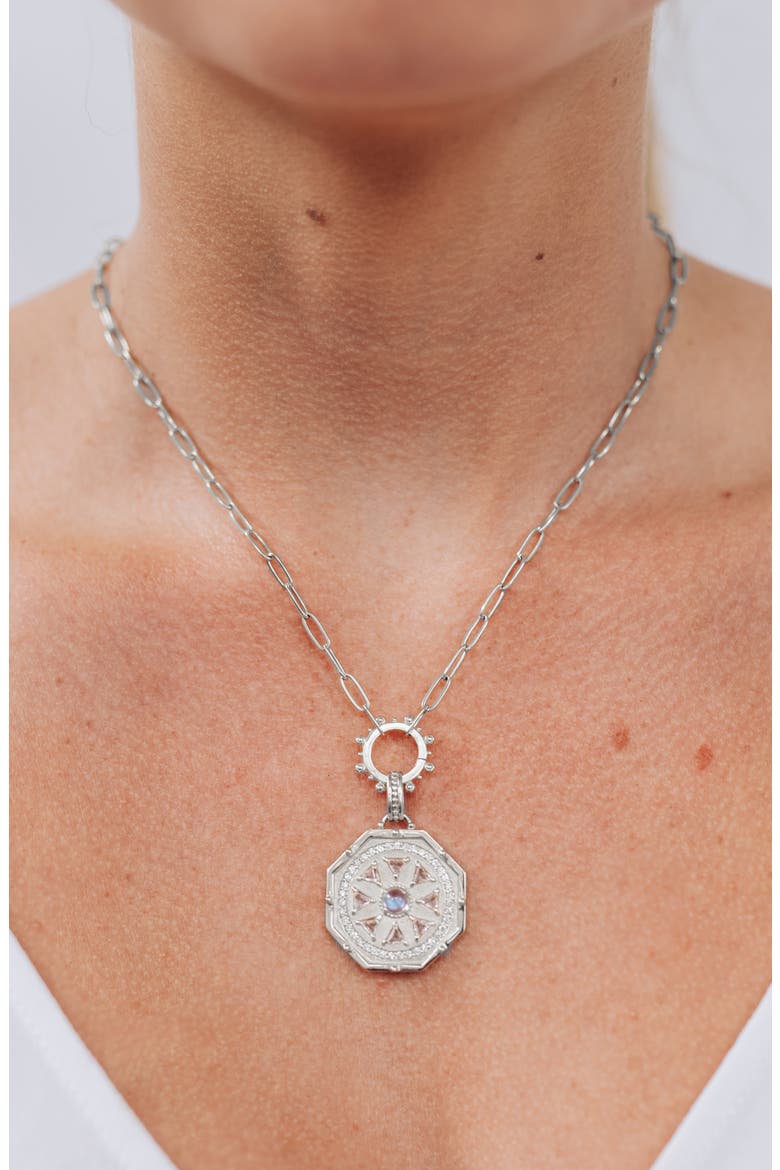 Deco Moonstone Medallion Pendant Necklace, Alternate, color, SILVER