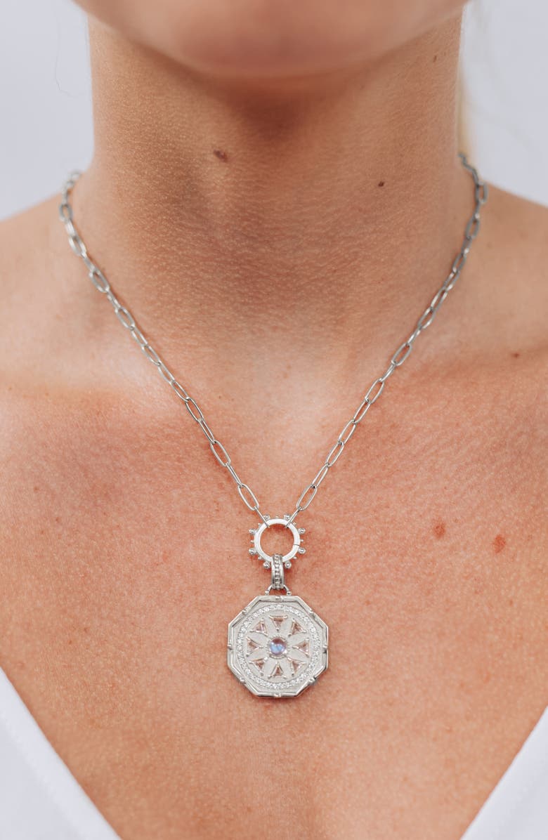 Anzie Deco Moonstone Medallion Pendant Necklace, Alternate, color, Silver
