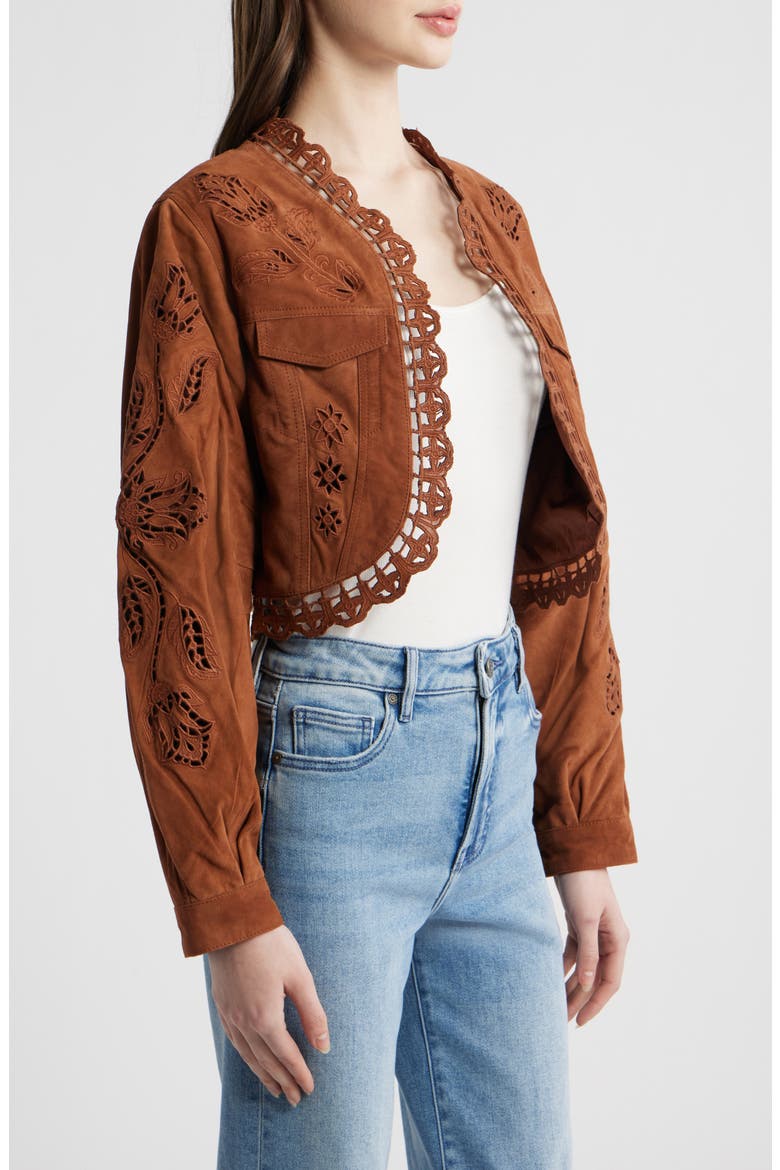 Richilieu Embroidered Genuine Leather Crop Jacket, Alternate, color, CARAMEL