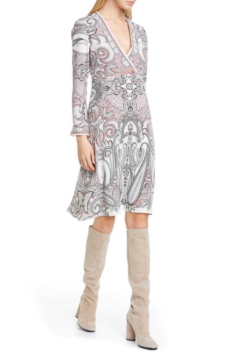 Etro Paisley Print Long Sleeve Silk Faux Wrap Dress, Main, color, 