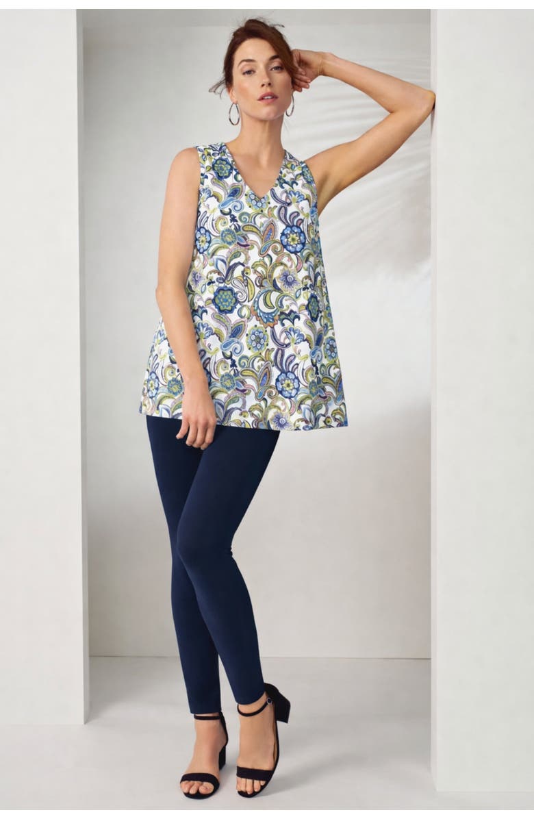 Jessica London Stretch Cotton V-Neck Trapeze Tank, Alternate, color, White Multi Paisley