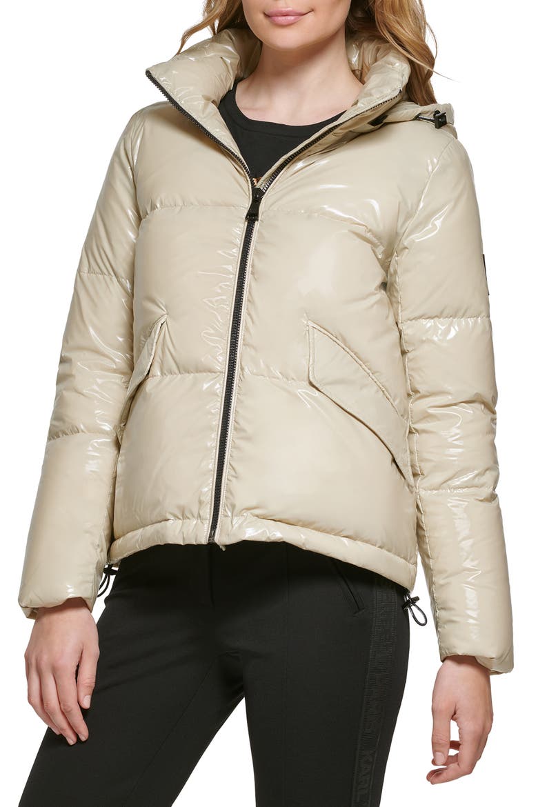 Glossy Hooded Puffer Jacket, Main, color, SAND