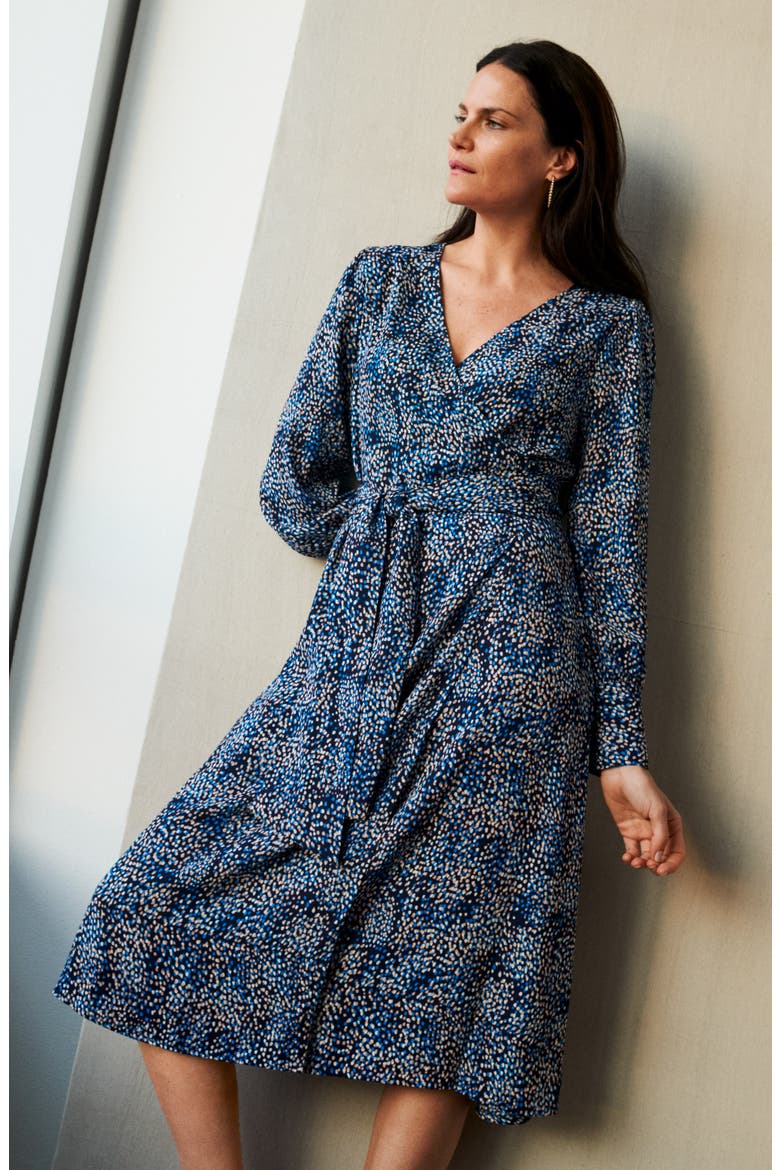 Long Sleeve Wrap Midi Dress, Alternate, color, BLACK FLORAL