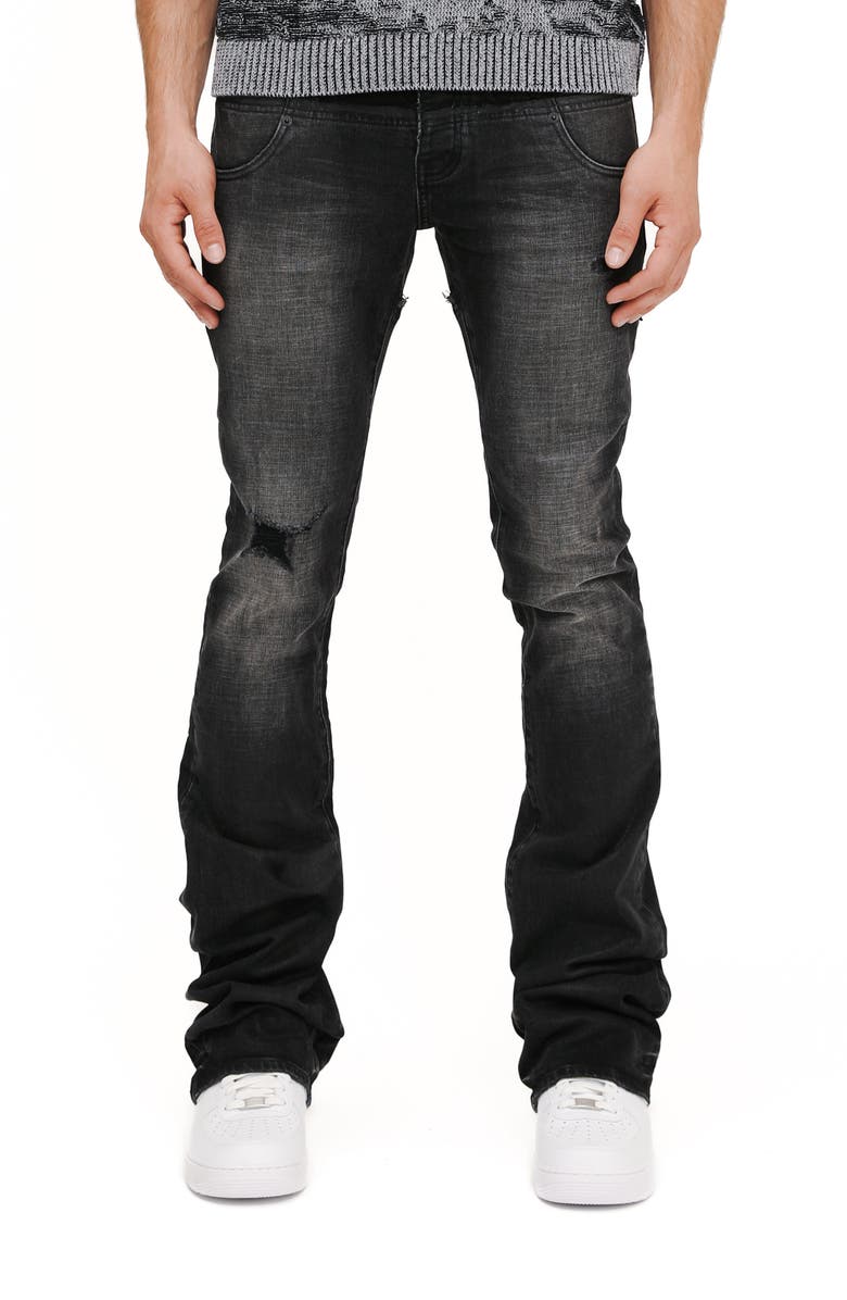 PURPLE BRAND Coated Double Waist Slim Flared Distressed Jeans, Main, color, Black