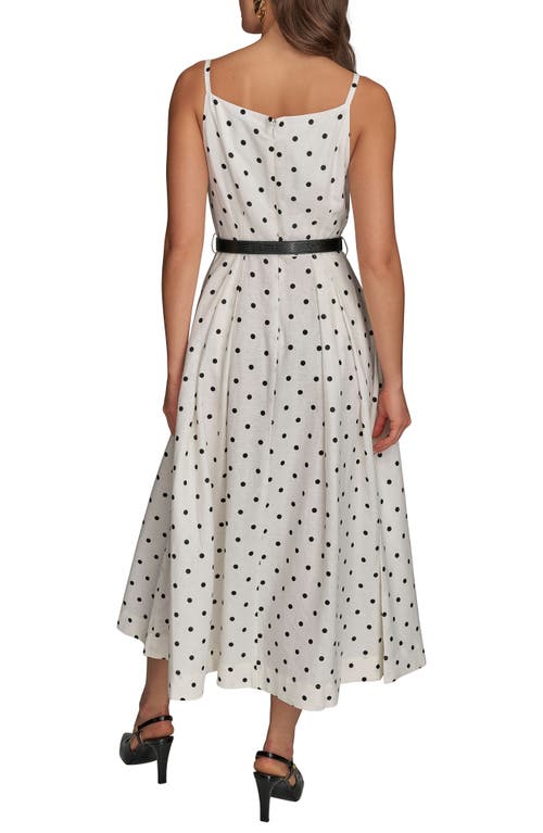 Donna Karan New York Polka Dot Belted Linen Blend Midi Dress In White
