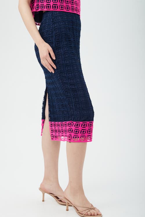 Trina Turk Dita 2 Colorblock Lace Midi Pencil Skirt In Indigo/petal Pink