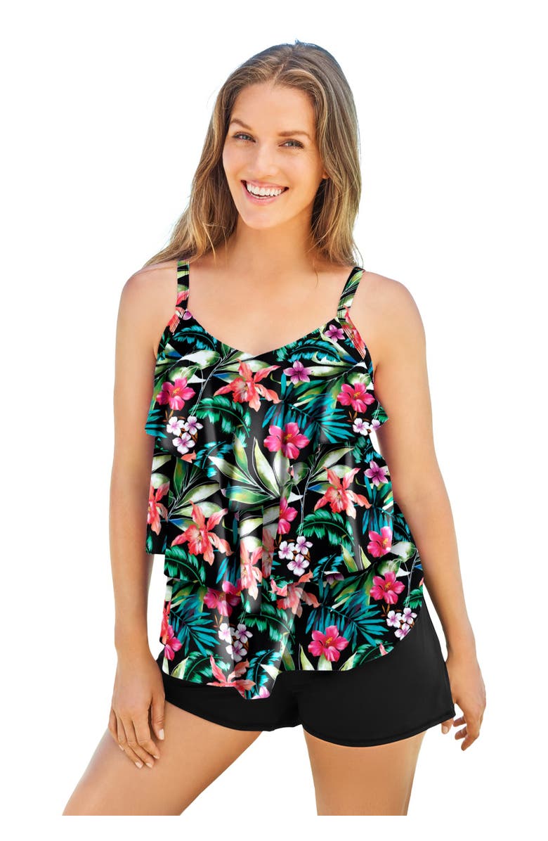 Swim 365 Longer-Length Tiered-Ruffle Tankini Top, Main, color, Oasis Floral