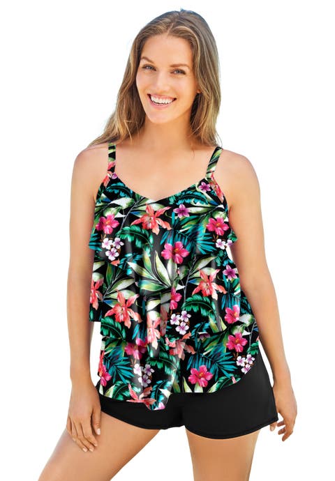 Longer-Length Tiered-Ruffle Tankini Top