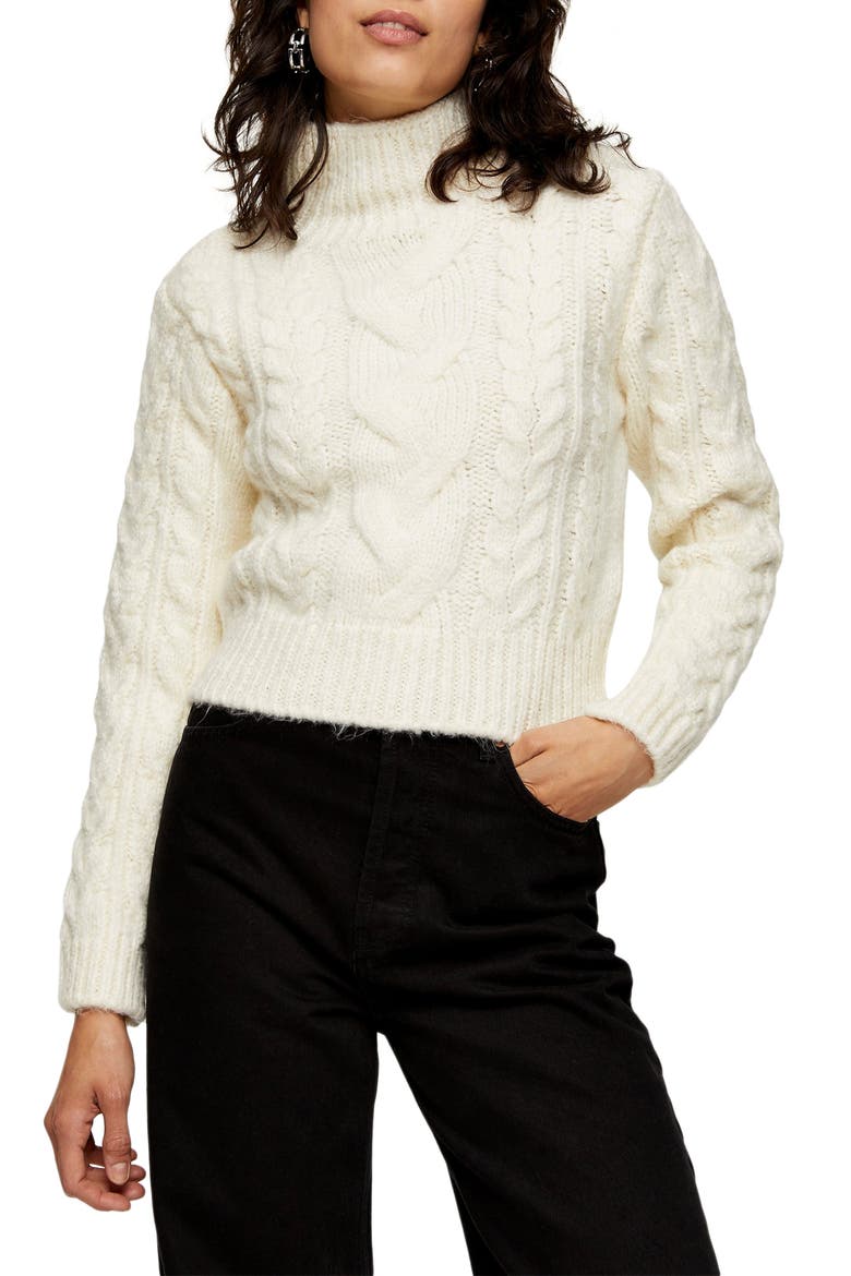 Cable Roll Crop Sweater, Main, color, IVORY