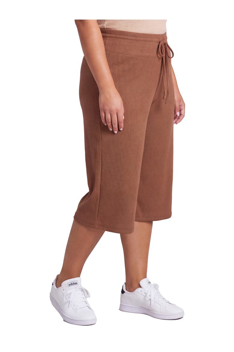 Curvy Basic Ribbed Knit Drawstring Flared Capri Pants, Alternate, color, Mocha
