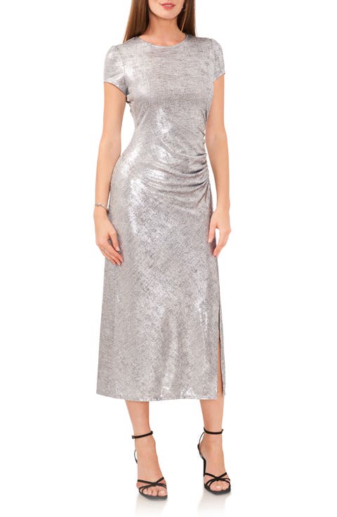 Foil Ruched Cocktail Midi Dress