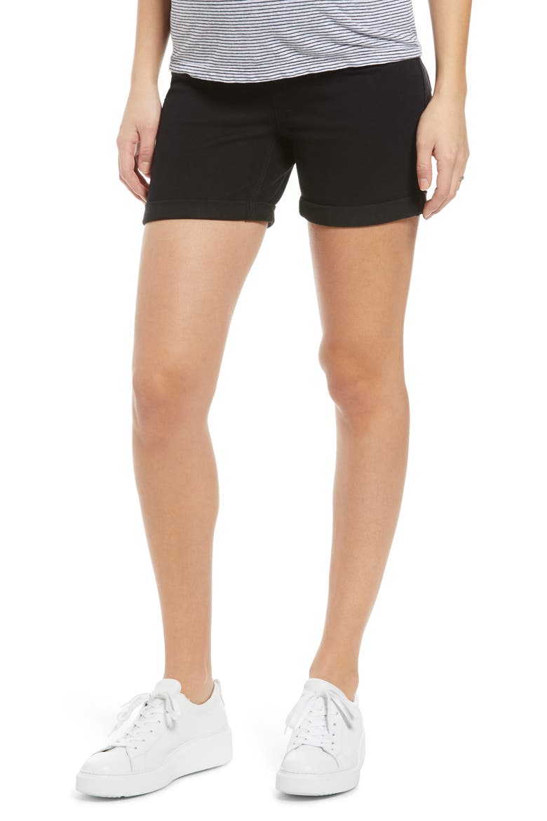 1822 Re:Denim Over the Bump Rolled Hem Maternity Shorts, Main, color, BLACK