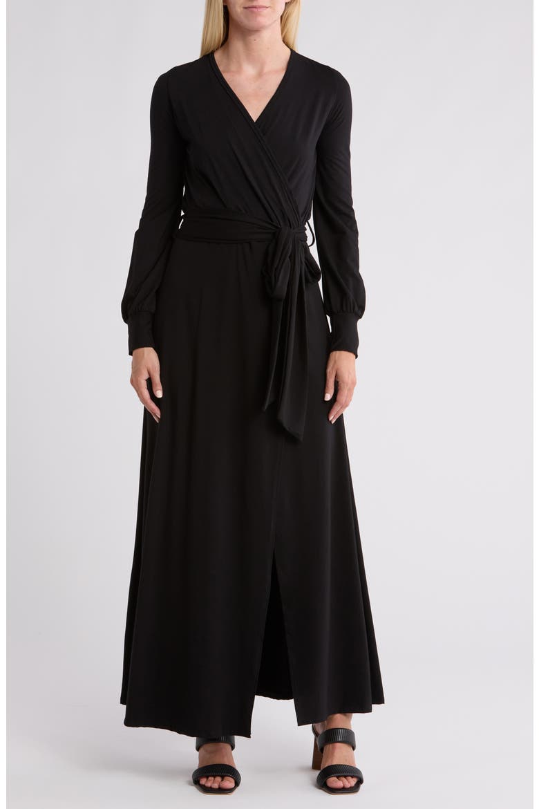 Long Sleeve Maxi Wrap Dress, Main, color, BLACK